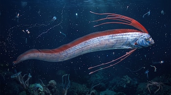 Un pez remo de cuerpo alargado plateado con cresta roja nada en el mar oscuro rodeado por medusas y un cangrejo.