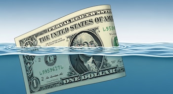 Ilustración de un billete de un dólar estadounidense flotando en agua, con la cara de George Washington visible justo por encima de la superficie del agua.