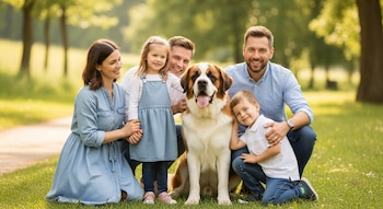 Una familia sonriente, con dos adultos y dos niños, posa en cuclillas en la hierba de un parque junto a un gran perro San Bernardo.