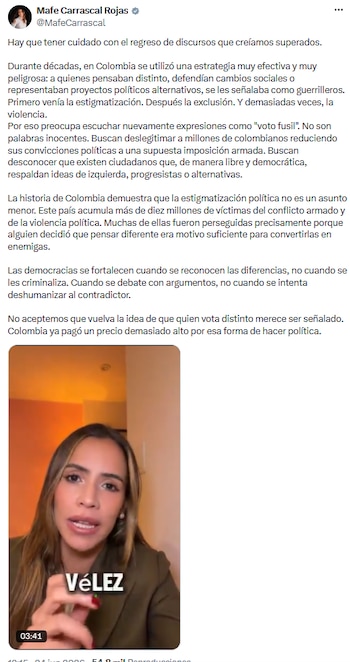 Mafe Carrascal acusó operación política para deslegitimar el triunfo del Pacto Histórico en las elecciones del 21 de junio - crédito @MafeCarrascal/X
