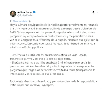 Tuit del nuevo vocero Adrián Ravier