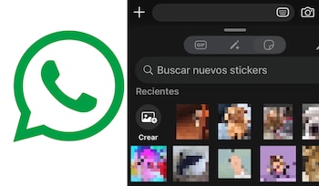 El icono verde de WhatsApp a la izquierda y a la derecha una interfaz oscura de la aplicación para buscar y crear stickers, mostrando stickers recientes pixelados
