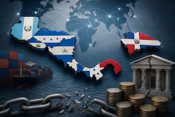 Mapas con banderas de Centroamérica y República Dominicana, una cadena rota, monedas de oro, un buque de carga y un edificio de piedra agrietado.