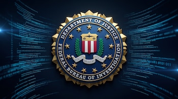 Escudo tridimensional del Buró Federal de Investigaciones de Estados Unidos sobre un fondo azul oscuro con código informático.