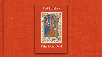 Libro de tapa dura color rojo anaranjado con los títulos "Ted Hughes" y "Tales from Ovid", que incluye una ilustración de manuscrito iluminado. El fondo tiene textura de tela.