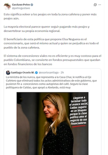 El mandatario saliente sostuvo que la política que liderará Elsa Noguera afecta la economía regional y el bolsillo de los colombianos - crédito @petrogustavo/X