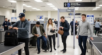 Grupo de jóvenes y oficiales de la TSA en un punto de control de seguridad de aeropuerto, con detectores de metales y cintas transportadoras de equipaje.