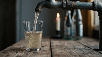 Un grifo de metal que vierte agua turbia en un vaso sobre una mesa de madera, con una vela al fondo.