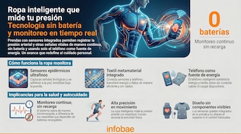 Ilustración de un torso humano con ropa inteligente luminosa que mide la presión arterial, transfiriendo datos a un smartphone con un corazón y gráfico.