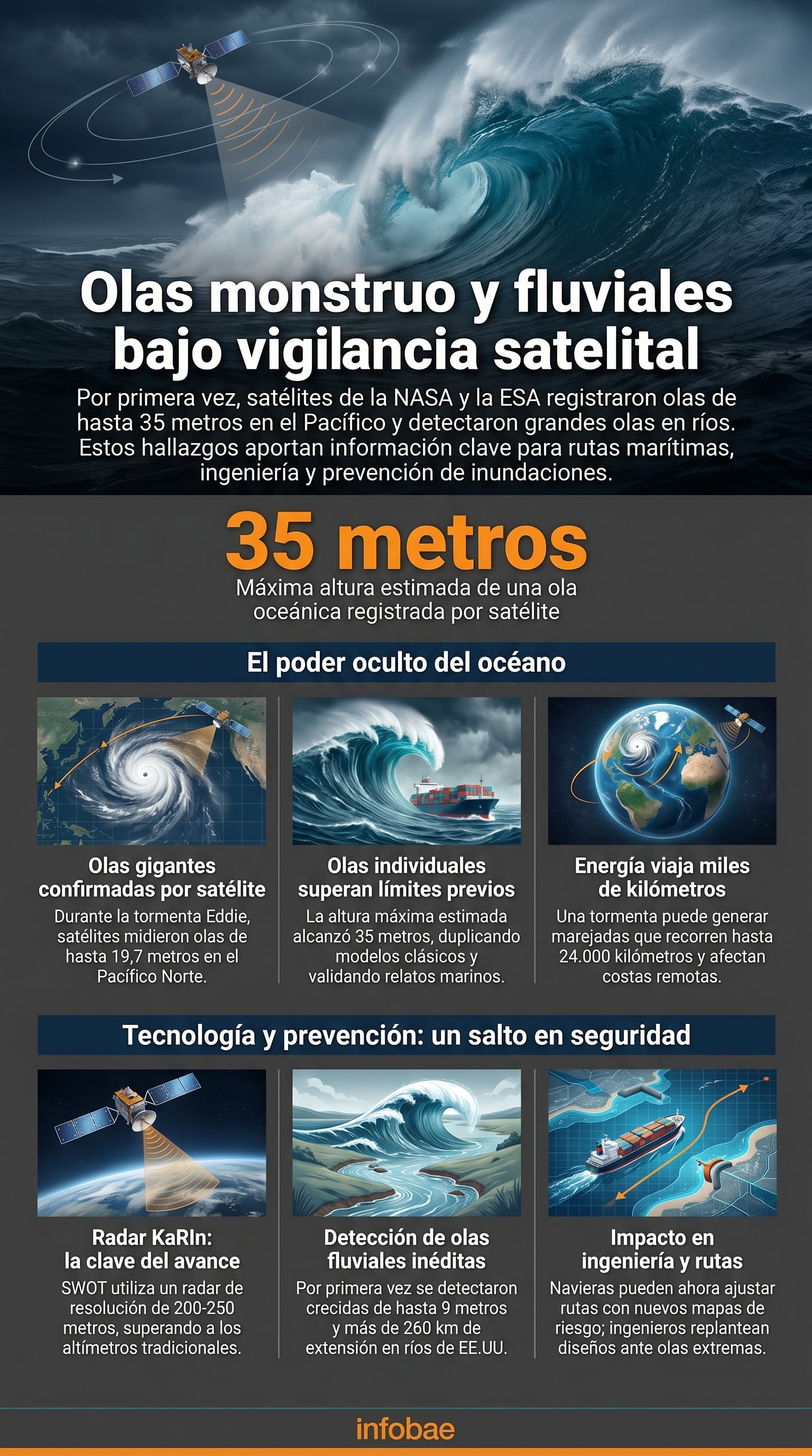 Satélites de NASA y ESA detectan olas oceánicas de hasta 35 metros y olas fluviales, revolucionando la seguridad marítima y el monitoreo global de inundaciones. (Imagen Ilustrativa Infobae)