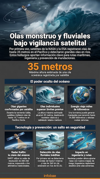 Infografía detallada con un satélite orbitando sobre olas oceánicas gigantes. Incluye ilustraciones de una tormenta, barcos en el mar y un río con ondas.