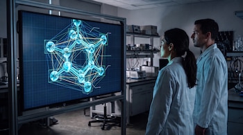 Dos personas con batas blancas observan una pantalla grande que presenta una estructura molecular tridimensional en un laboratorio.