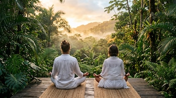 Dos personas sentadas de espalda sobre alfombras en una plataforma de madera frente a una densa vegetación tropical al amanecer.
