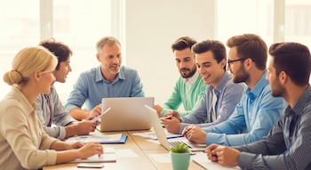 Un grupo de seis profesionales de distintas edades sentados alrededor de una mesa de madera clara, colaborando con laptops y documentos en un espacio luminoso.