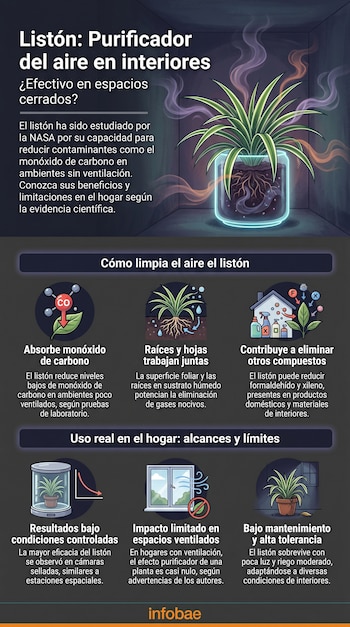 Infografía que muestra una planta de listón en un recipiente de vidrio, con humo y moléculas flotando a su alrededor, ilustrando su capacidad purificadora.