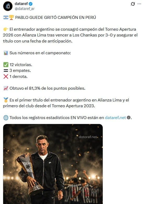 Las estadísticas que dejaron la consecución de Alianza Lima del Torneo Apertura 2026 con Pablo Guede. - captura: dataref