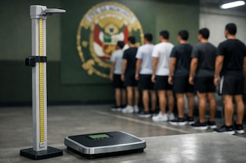 Un estadiómetro y una balanza digital en primer plano con una fila de postulantes al fondo, frente a un escudo de la Policía Nacional del Perú.