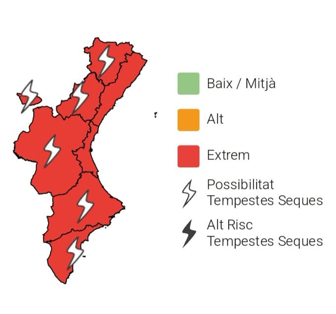 Riesgo de incendios en la Comunidad Valenciana este jueves 30 de julio. (Emergències 112CV)