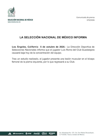 Comunicado de prensa oficial en hoja blanca con el escudo de la Selección Mexicana de Fútbol, texto en negro y marcas patrocinadoras en el pie