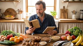Hombre de mediana edad con barba, camisa azul, sentado en una cocina, leyendo un libro abierto y sosteniendo un cuaderno. Una mesa de madera está llena de alimentos frescos como verduras, frutas, pescado, pan y frutos secos.