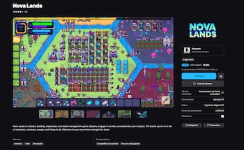 Captura de pantalla de videojuego Nova Lands con interfaz de usuario. Muestra mapa isométrico de isla con fábricas, edificios, unidades, vegetación y ríos. Panel lateral de información