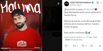 Fénix Entertainment dio la bienvenida a Maluma en redes sociales con una imagen alusiva a su era “Loco x volver”, anticipando la promoción del disco en la gira - crédito tomado de @fenix_latam/ X
