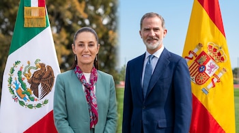 Retrato de Claudia Sheinbaum junto a la bandera de México y el Rey Felipe VI junto a la bandera de España. Ambos miran al frente y sonríen.