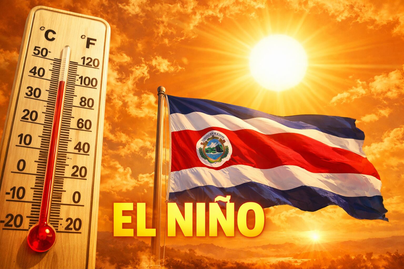 Un termómetro marcando altas temperaturas y la bandera de Costa Rica bajo un sol intenso simbolizan el impacto del fenómeno El Niño en el país. (Imagen Ilustrativa Infobae)