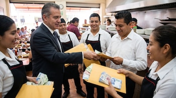 Un hombre de traje entrega sobres amarillos con billetes de pesos mexicanos a empleados de restaurante sonrientes, que visten camisas blancas y delantales negros.