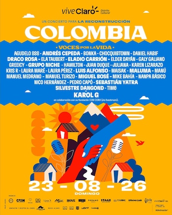 El cartel de “Colombia: Voces por la Vida” reúne a más de 20 artistas, mientras Karol G participará de manera remota - crédito Páramo Presenta