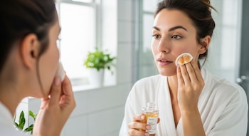 Vista cercana de una mujer con el cabello recogido, aplicando un líquido amarillento con un algodón en su mejilla, mientras sostiene una botella de tónico.