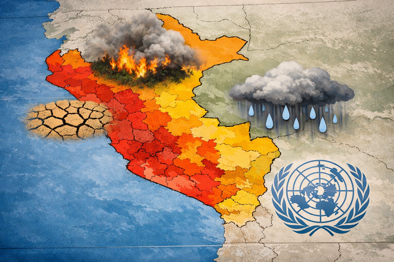 Un mapa conceptual de la costa del Pacífico sudamericano, con Perú resaltado en colores que indican el impacto de El Niño, muestra sequías, incendios y lluvias intensas, con el logo de la ONU. (Imagen Ilustrativa Infobae)