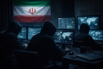 Tres personas encapuchadas sentadas de espaldas, usando computadoras con múltiples pantallas que muestran código y mapas globales, frente a una gran bandera de Irán.