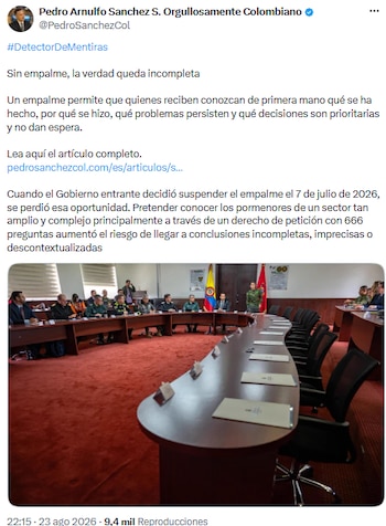Pedro Arnulfo Sánchez advirtió riesgos en Defensa por falta de empalme en Colombia - crédito @PedroSanchezCol/X