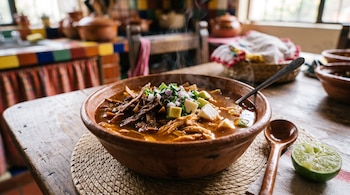 Un tazón de barro con sopa, pollo, aguacate, queso y tiras de tortilla sobre una mesa de madera, junto a una cuchara y un limón cortado.