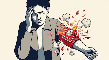 Ilustración de una persona con la mano en la sien y un tensiómetro rojo que explota en su brazo rodeado de humo y chispas.