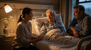 En una habitación con luz tenue, una mujer sentada toma la mano de una paciente mayor en la cama, mientras un hombre las observa; hay una lámpara de noche y un jarrón con flores.