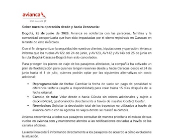 Avianca anunció la cancelación de la ruta Bogotá-Caracas-Bogotá prevista para el 24 y 25 de junio de 2026 tras los terremotos en Venezuela - crédito Avianca