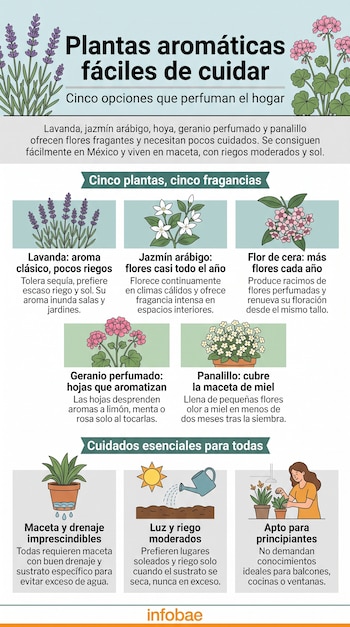 Infografía con ilustraciones de lavanda, jazmín, flor de cera, geranio y panalillo, junto con iconos sobre drenaje, luz y riego.