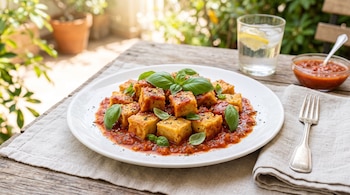 Cubos de fainá con salsa de tomate y albahaca en un plato blanco, junto a un vaso con agua y salsa adicional sobre una mesa de madera.