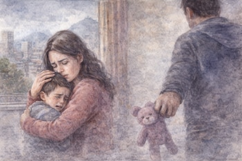 Una mujer abraza a un niño que llora. Un hombre de espaldas sostiene un oso de peluche. De fondo, edificios y montañas. Ilustración en acuarela.