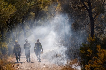 Bomberos actúan ante el incendio originado este miércoles en Gavà, Barcelona (EFE/ Quique García)