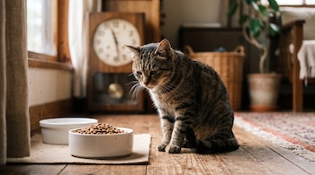 Un gato atigrado sentado en un suelo de madera junto a dos platos blancos con alimento seco y agua, con un reloj de madera al fondo.