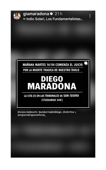 Captura de pantalla de una historia de Instagram de Gianinna Maradona anunciando el inicio del juicio por la muerte de Diego Maradona con texto blanco sobre fondo negro