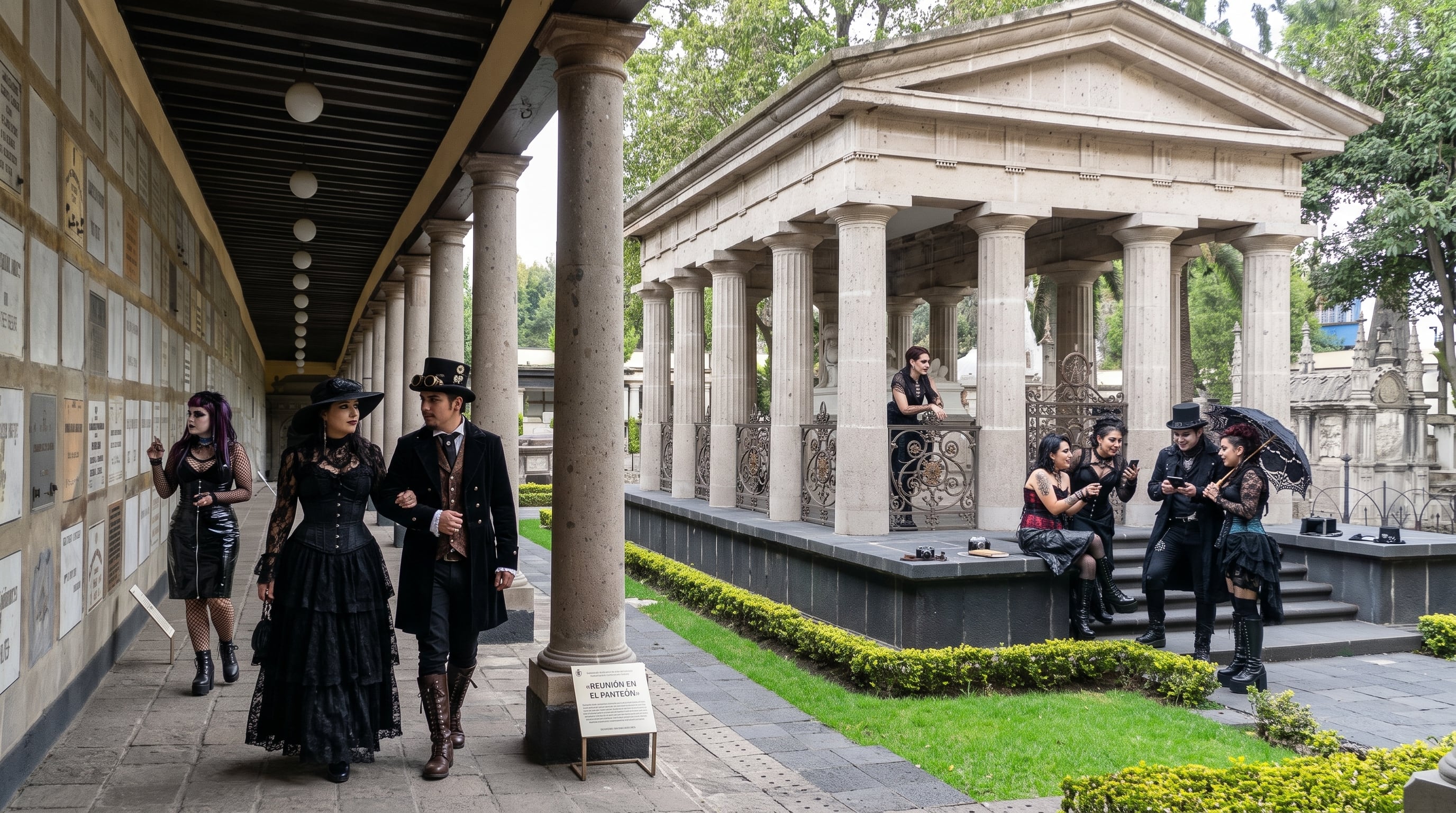 Un grupo de personas con indumentaria de estilo gótico y steampunk se reúne entre los pasillos y mausoleos de un cementerio. (Imagen Ilustrativa Infobae)