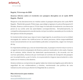 Avianca confirmó acciones legales contra pasajero borracho en vuelo Bogotá-Madrid - crédito Avianca