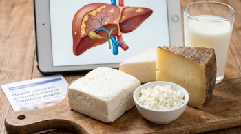 Una tabla de madera con trozos de queso panela y manchego, un tazón de requesón, un vaso de leche y una tableta mostrando una ilustración de hígado graso.