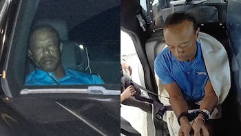 Imagen dividida de Tiger Woods: a la izquierda, en un coche por la noche; a la derecha, esposado en un vehículo, con camisa azul y manta en el hombro, mirando hacia abajo