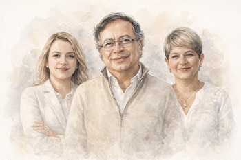 Ilustración estilo acuarela de Gustavo Petro, Andrea Petro y Verónica Alcocer; Petro aparece en el centro, Andrea a la izquierda y Alcocer a la derecha.