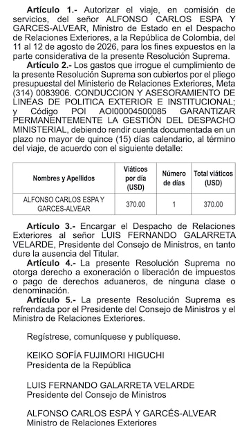 Documento oficial con texto en español distribuido en cinco artículos y una tabla, detallando la autorización de un viaje diplomático y viáticos